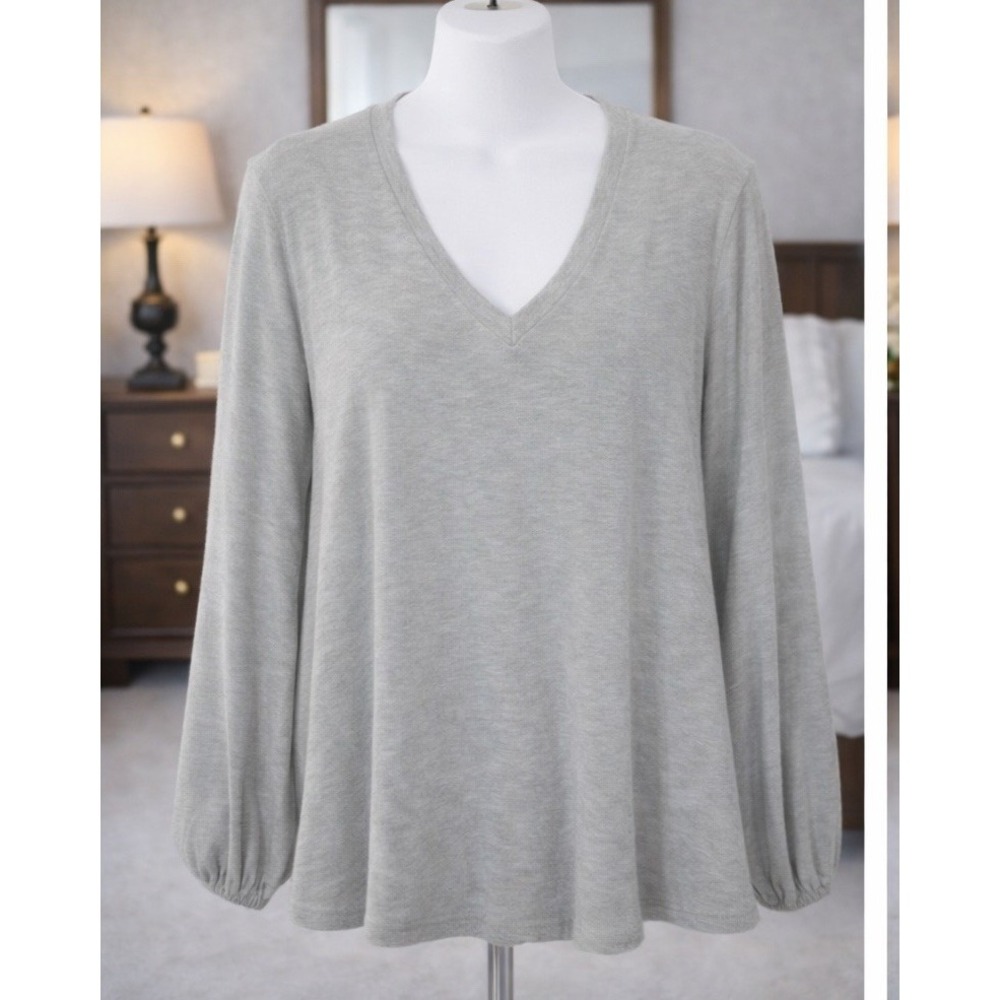 Jack BB Dakota Pullover Top Gray Soft Knit Balloon Sleeves V-Neck Size M